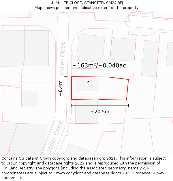 4, MILLER CLOSE, STANSTED, CM24 8FJ: Plot and title map