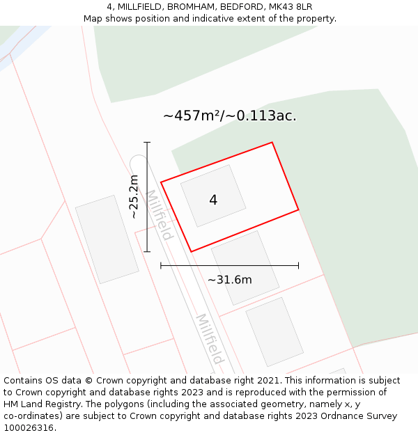 4, MILLFIELD, BROMHAM, BEDFORD, MK43 8LR: Plot and title map