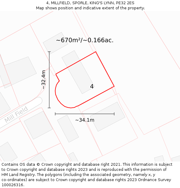 4, MILLFIELD, SPORLE, KING'S LYNN, PE32 2ES: Plot and title map