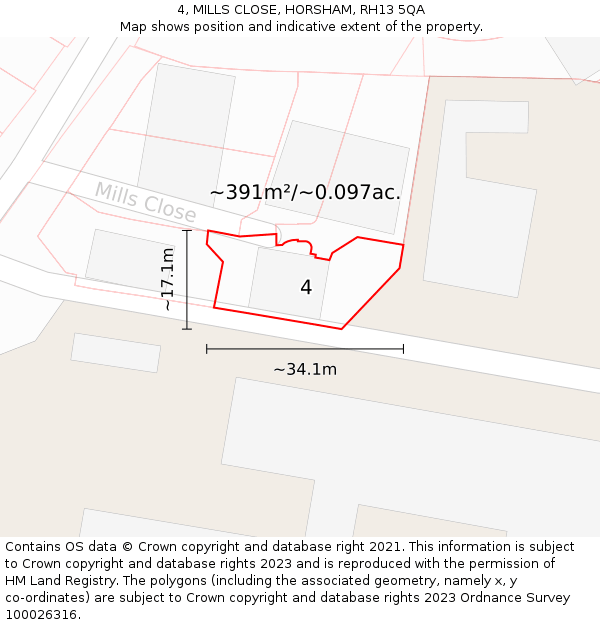 4, MILLS CLOSE, HORSHAM, RH13 5QA: Plot and title map