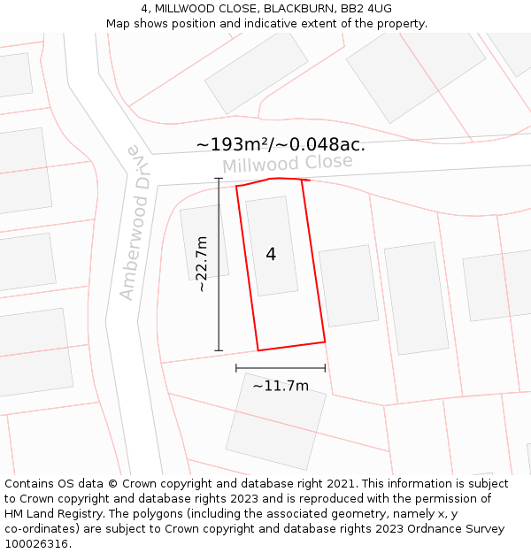 4, MILLWOOD CLOSE, BLACKBURN, BB2 4UG: Plot and title map