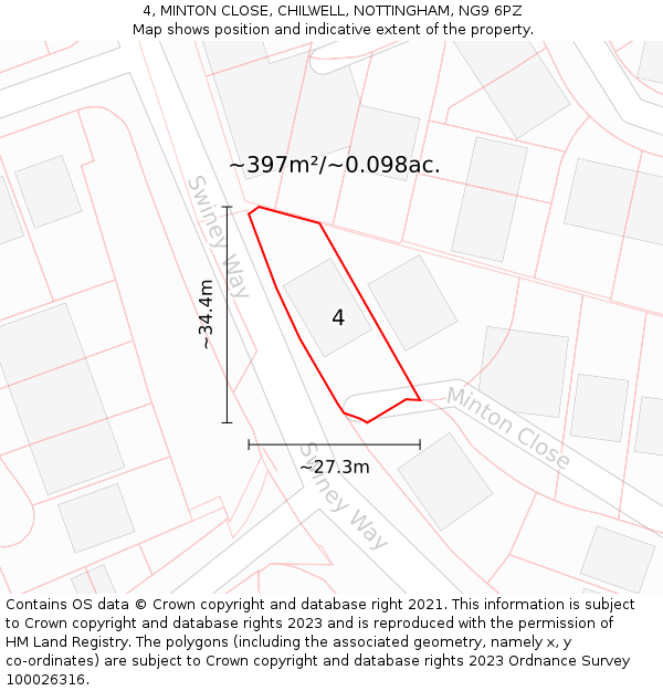 4, MINTON CLOSE, CHILWELL, NOTTINGHAM, NG9 6PZ: Plot and title map