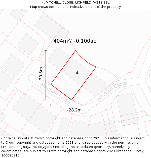 4, MITCHELL CLOSE, LICHFIELD, WS13 8SL: Plot and title map