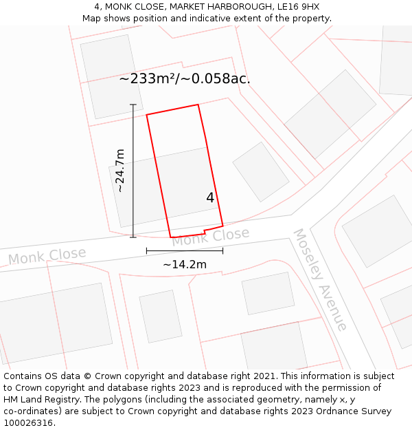 4, MONK CLOSE, MARKET HARBOROUGH, LE16 9HX: Plot and title map