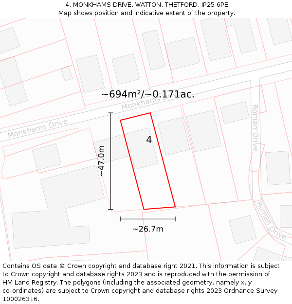 4, MONKHAMS DRIVE, WATTON, THETFORD, IP25 6PE: Plot and title map