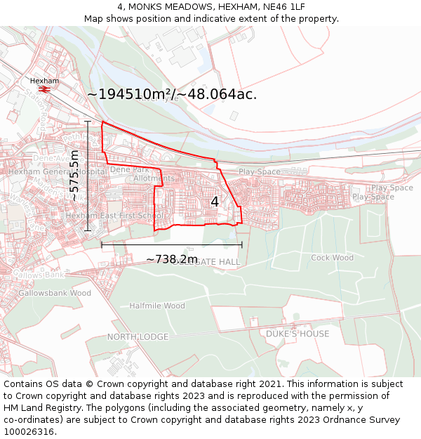 4, MONKS MEADOWS, HEXHAM, NE46 1LF: Plot and title map