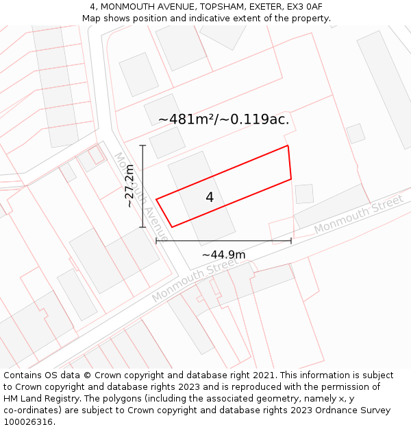 4, MONMOUTH AVENUE, TOPSHAM, EXETER, EX3 0AF: Plot and title map