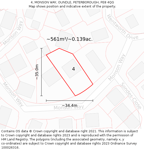 4, MONSON WAY, OUNDLE, PETERBOROUGH, PE8 4QG: Plot and title map