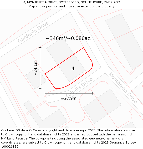 4, MONTBRETIA DRIVE, BOTTESFORD, SCUNTHORPE, DN17 2GD: Plot and title map