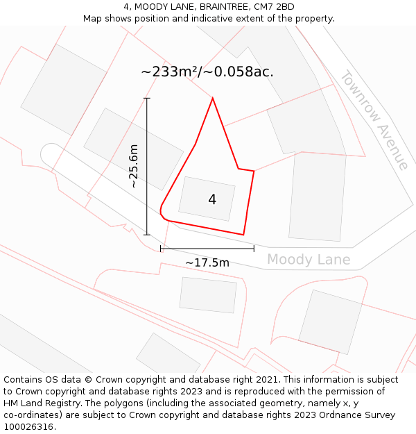 4, MOODY LANE, BRAINTREE, CM7 2BD: Plot and title map