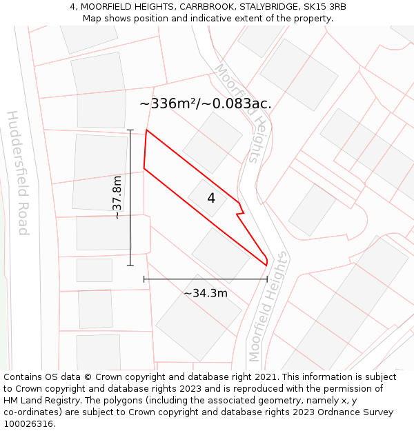 4, MOORFIELD HEIGHTS, CARRBROOK, STALYBRIDGE, SK15 3RB: Plot and title map