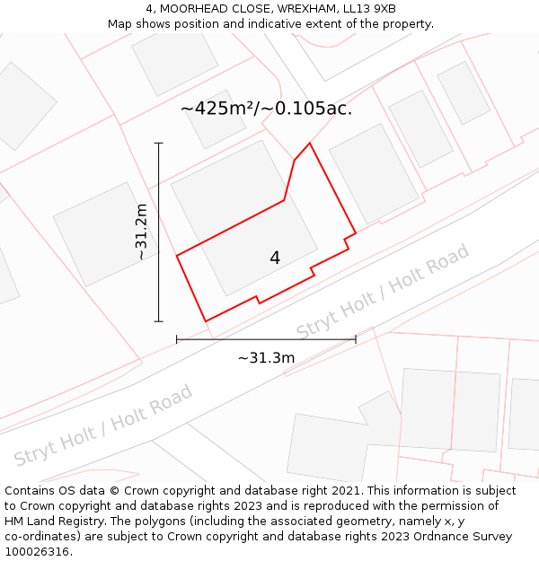 4, MOORHEAD CLOSE, WREXHAM, LL13 9XB: Plot and title map