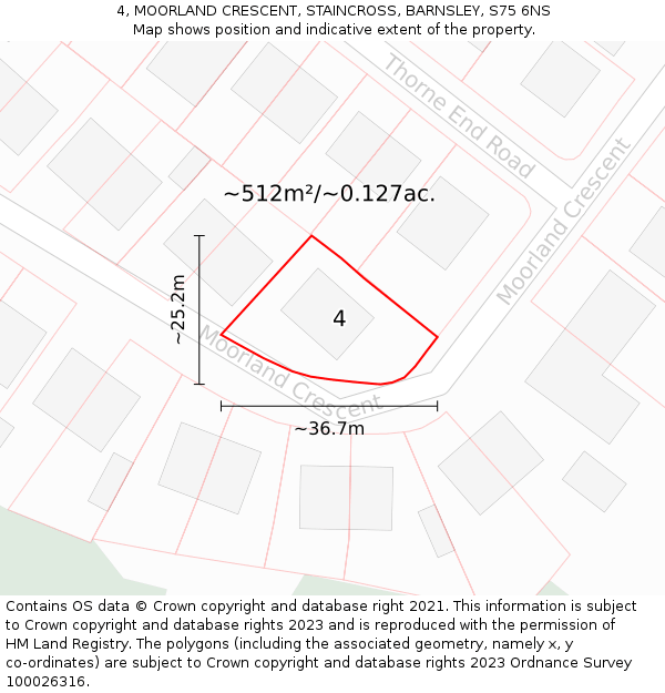 4, MOORLAND CRESCENT, STAINCROSS, BARNSLEY, S75 6NS: Plot and title map