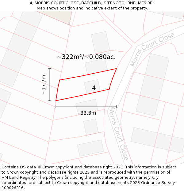 4, MORRIS COURT CLOSE, BAPCHILD, SITTINGBOURNE, ME9 9PL: Plot and title map