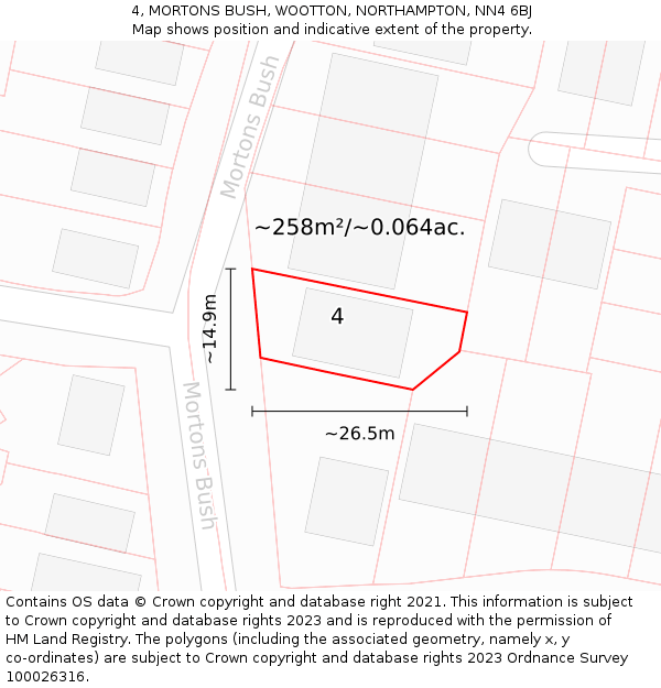 4, MORTONS BUSH, WOOTTON, NORTHAMPTON, NN4 6BJ: Plot and title map