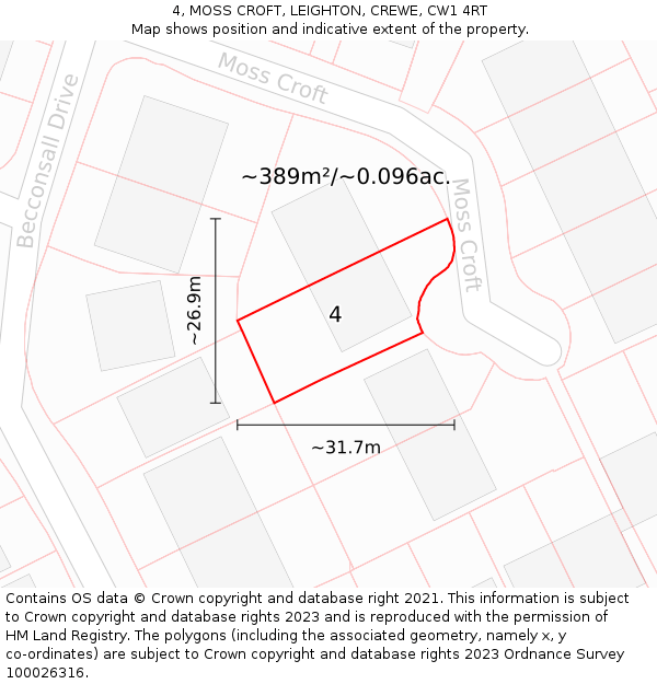 4, MOSS CROFT, LEIGHTON, CREWE, CW1 4RT: Plot and title map