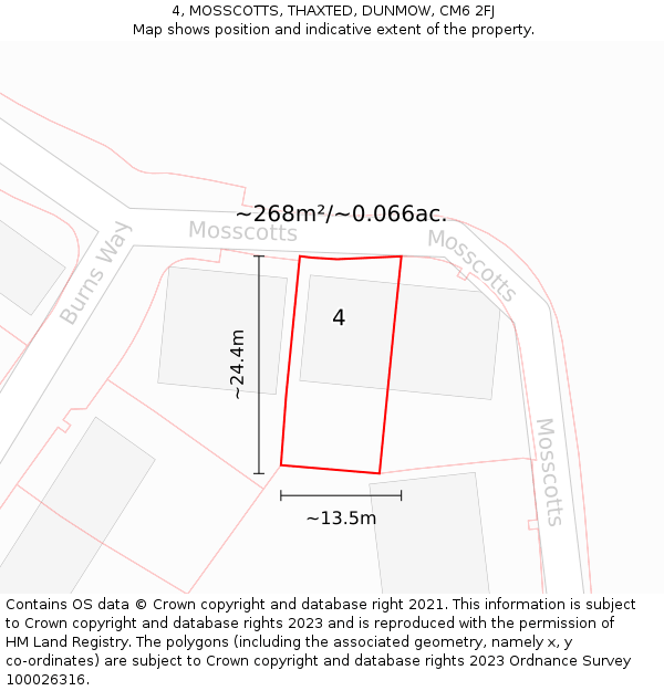 4, MOSSCOTTS, THAXTED, DUNMOW, CM6 2FJ: Plot and title map