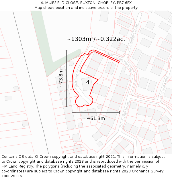 4, MUIRFIELD CLOSE, EUXTON, CHORLEY, PR7 6FX: Plot and title map