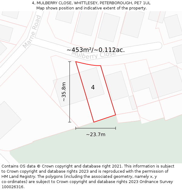 4, MULBERRY CLOSE, WHITTLESEY, PETERBOROUGH, PE7 1UL: Plot and title map