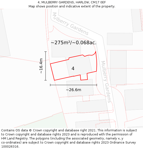 4, MULBERRY GARDENS, HARLOW, CM17 0EF: Plot and title map