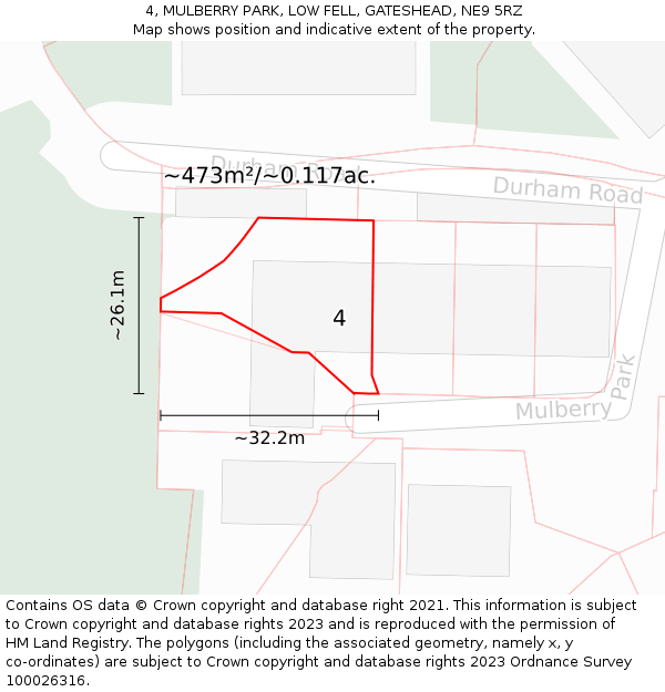 4, MULBERRY PARK, LOW FELL, GATESHEAD, NE9 5RZ: Plot and title map