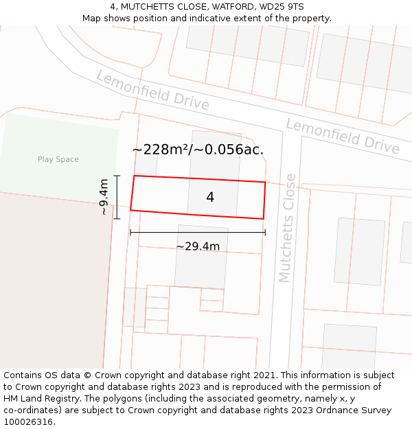 4, MUTCHETTS CLOSE, WATFORD, WD25 9TS: Plot and title map