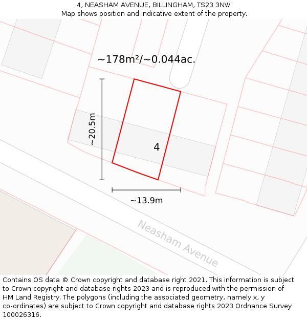 4, NEASHAM AVENUE, BILLINGHAM, TS23 3NW: Plot and title map