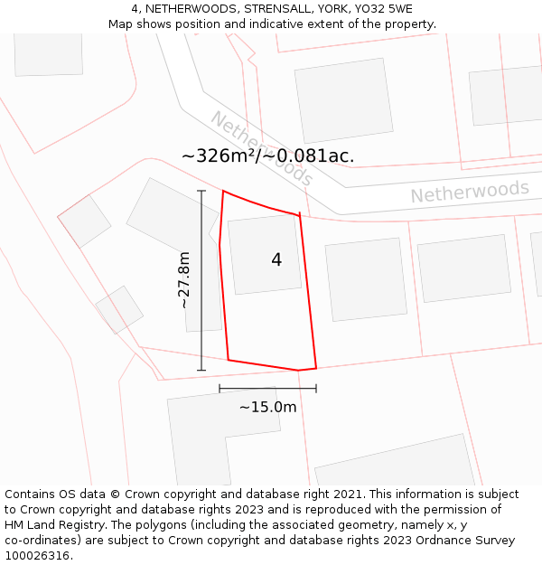 4, NETHERWOODS, STRENSALL, YORK, YO32 5WE: Plot and title map