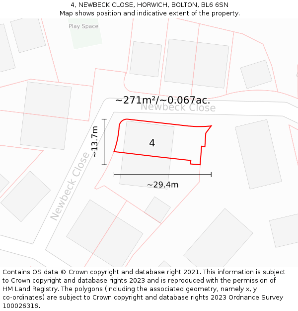 4, NEWBECK CLOSE, HORWICH, BOLTON, BL6 6SN: Plot and title map