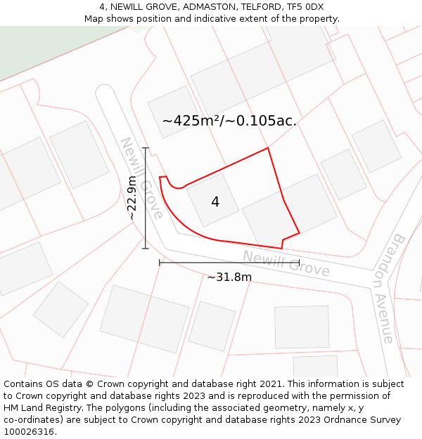 4, NEWILL GROVE, ADMASTON, TELFORD, TF5 0DX: Plot and title map