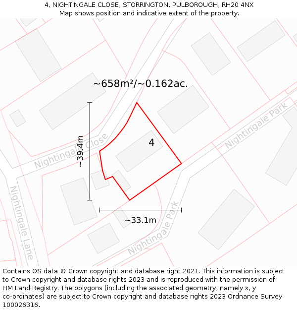 4, NIGHTINGALE CLOSE, STORRINGTON, PULBOROUGH, RH20 4NX: Plot and title map