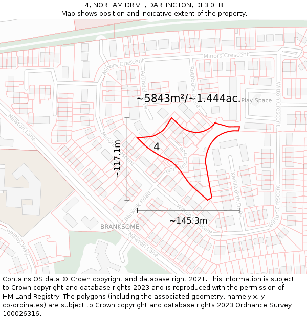 4, NORHAM DRIVE, DARLINGTON, DL3 0EB: Plot and title map