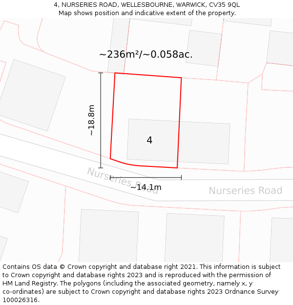 4, NURSERIES ROAD, WELLESBOURNE, WARWICK, CV35 9QL: Plot and title map