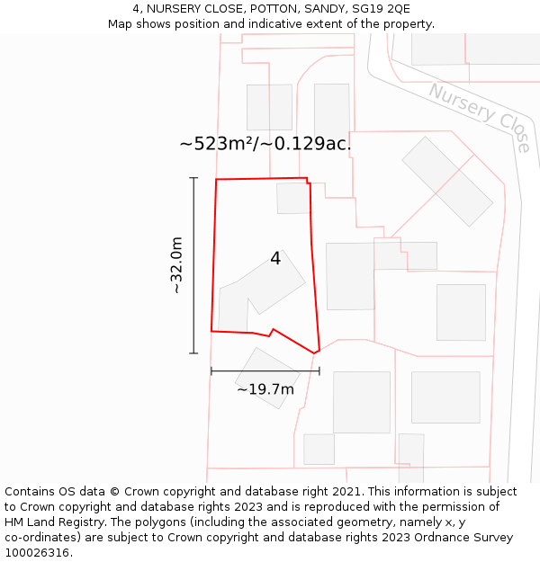 4, NURSERY CLOSE, POTTON, SANDY, SG19 2QE: Plot and title map