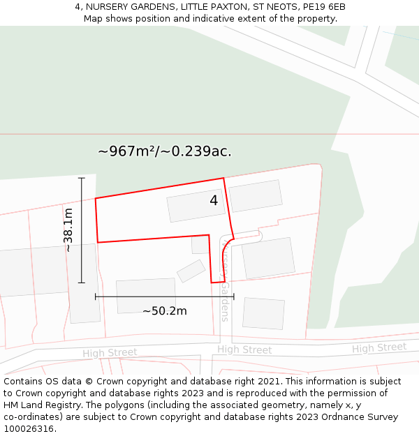 4, NURSERY GARDENS, LITTLE PAXTON, ST NEOTS, PE19 6EB: Plot and title map