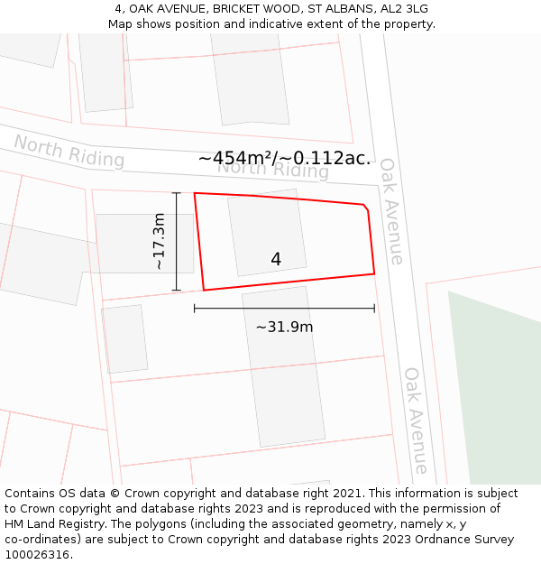 4, OAK AVENUE, BRICKET WOOD, ST ALBANS, AL2 3LG: Plot and title map