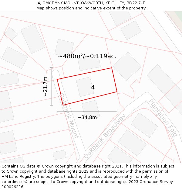 4, OAK BANK MOUNT, OAKWORTH, KEIGHLEY, BD22 7LF: Plot and title map