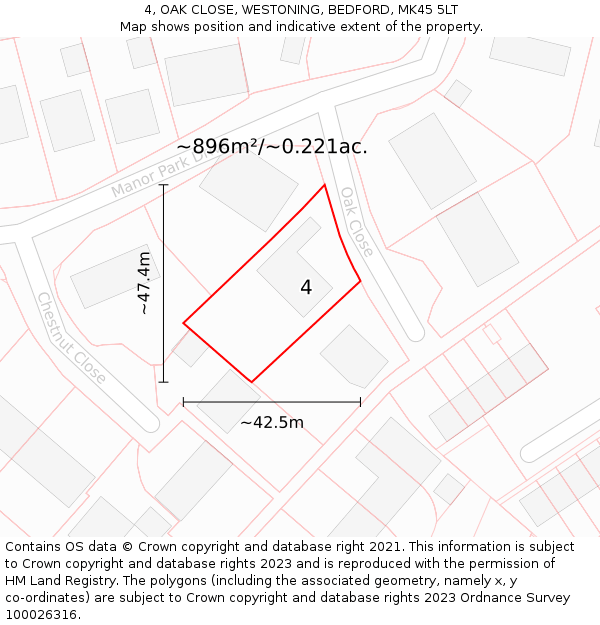 4, OAK CLOSE, WESTONING, BEDFORD, MK45 5LT: Plot and title map