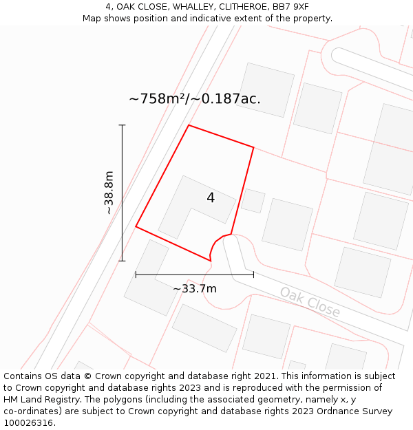 4, OAK CLOSE, WHALLEY, CLITHEROE, BB7 9XF: Plot and title map