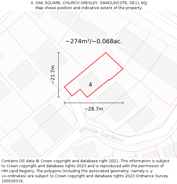 4, OAK SQUARE, CHURCH GRESLEY, SWADLINCOTE, DE11 9QJ: Plot and title map