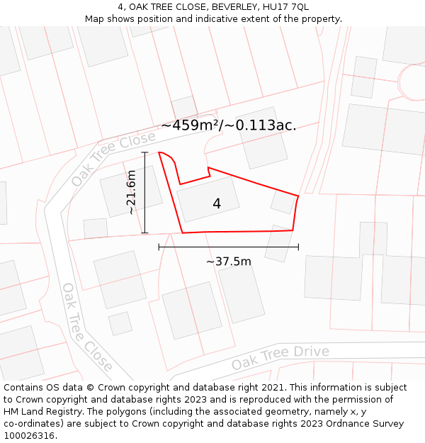 4, OAK TREE CLOSE, BEVERLEY, HU17 7QL: Plot and title map