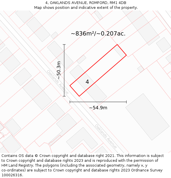 4, OAKLANDS AVENUE, ROMFORD, RM1 4DB: Plot and title map