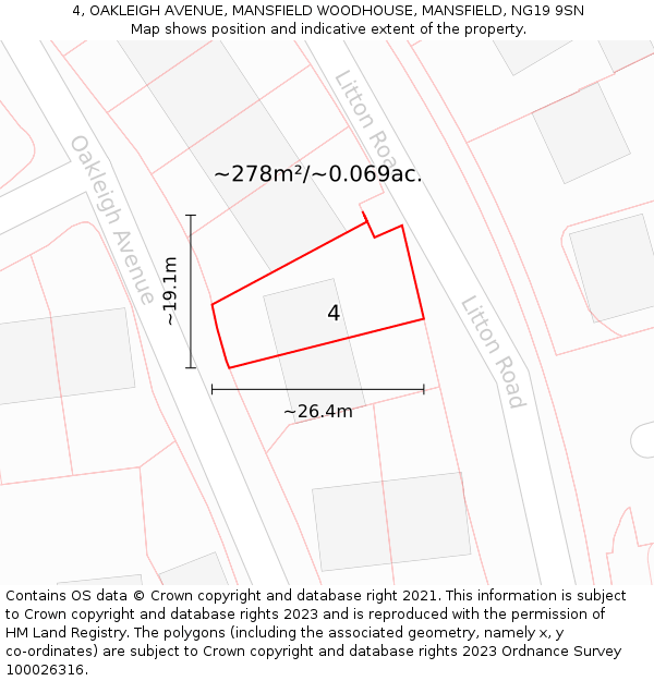 4, OAKLEIGH AVENUE, MANSFIELD WOODHOUSE, MANSFIELD, NG19 9SN: Plot and title map