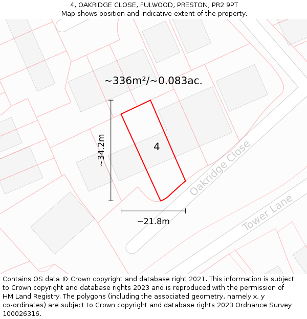 4, OAKRIDGE CLOSE, FULWOOD, PRESTON, PR2 9PT: Plot and title map