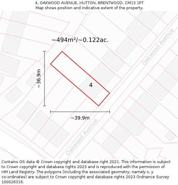 4, OAKWOOD AVENUE, HUTTON, BRENTWOOD, CM13 1PT: Plot and title map