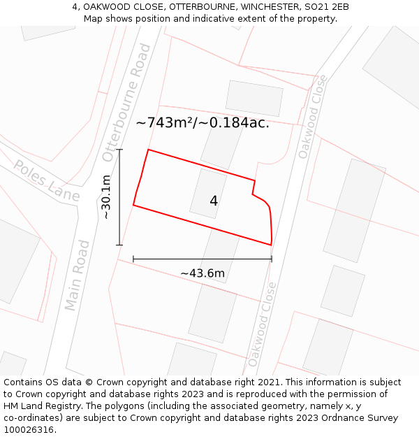 4, OAKWOOD CLOSE, OTTERBOURNE, WINCHESTER, SO21 2EB: Plot and title map