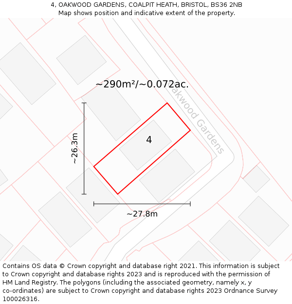 4, OAKWOOD GARDENS, COALPIT HEATH, BRISTOL, BS36 2NB: Plot and title map