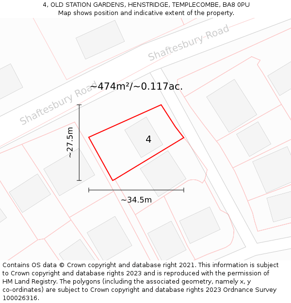 4, OLD STATION GARDENS, HENSTRIDGE, TEMPLECOMBE, BA8 0PU: Plot and title map