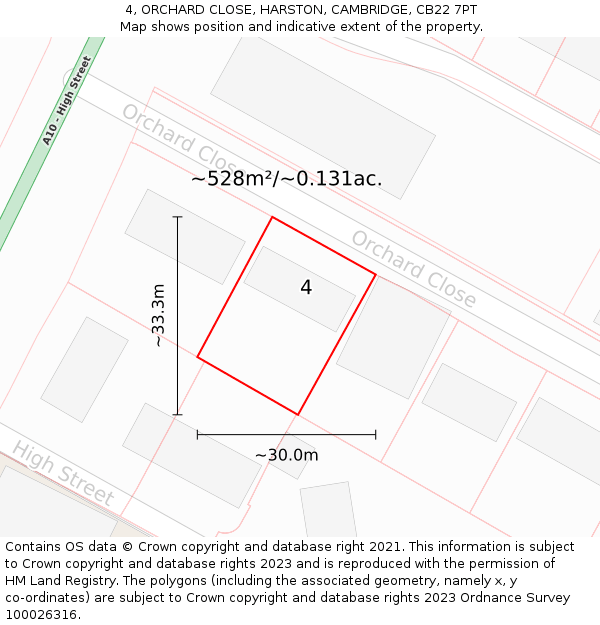 4, ORCHARD CLOSE, HARSTON, CAMBRIDGE, CB22 7PT: Plot and title map