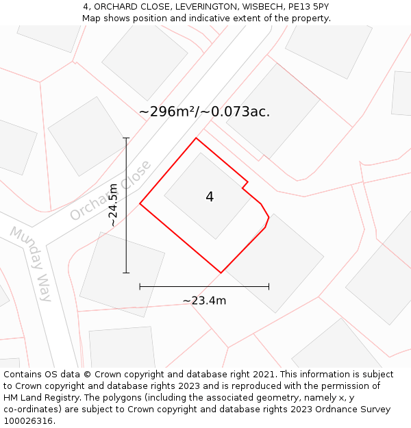 4, ORCHARD CLOSE, LEVERINGTON, WISBECH, PE13 5PY: Plot and title map